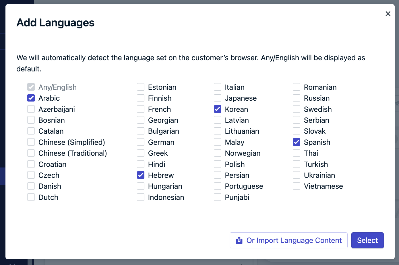 Using checkboxes to select the languages.