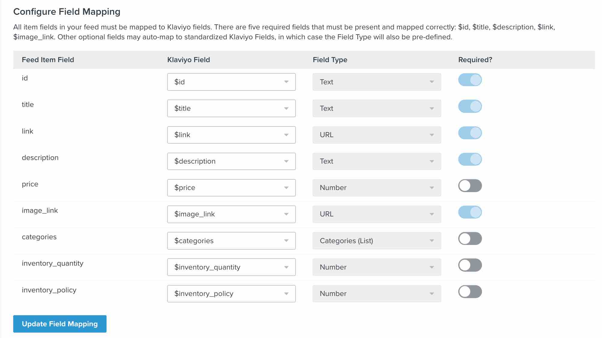 Configure field mapping page with field option forms and and Update Field Mapping button in blue in bottom left corner