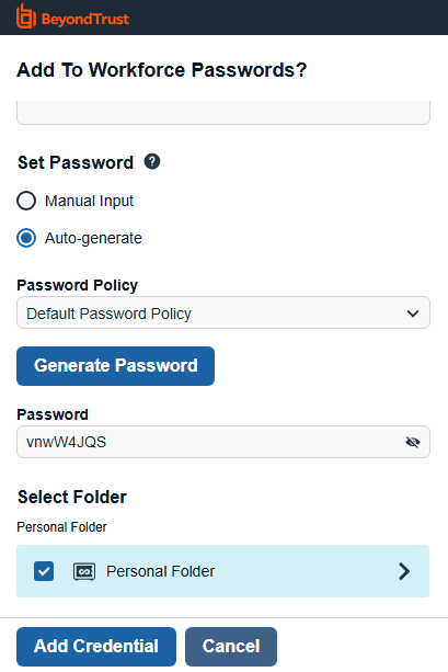 Form for adding a credential with auto-generated password and folder selection; buttons for Add Credential and Cancel.