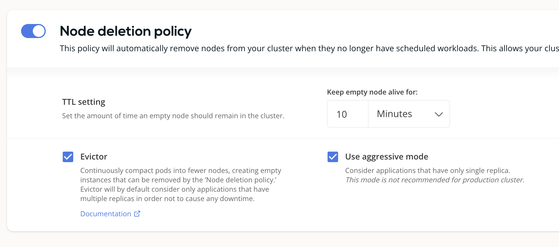 Node deletion policy recommended settings