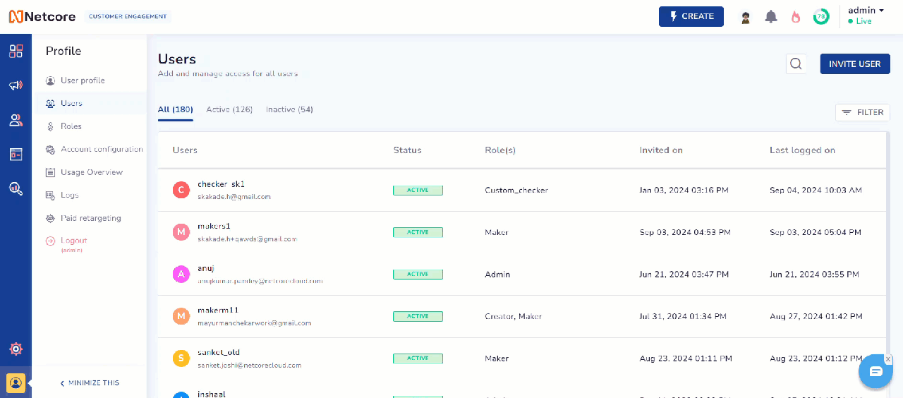 Invite Users to collaborate on the Netcore CE dashboard