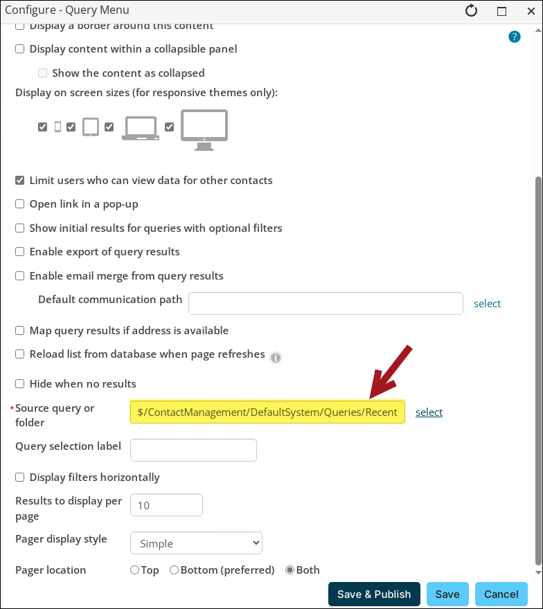 Highlighting the path in the "Source query or folder" field