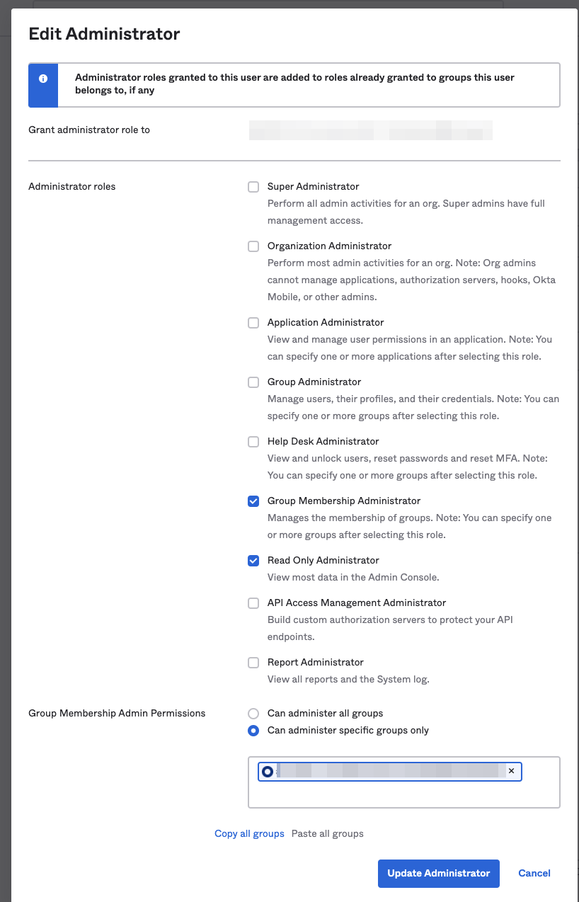 Permissions required for the Okta Bot User.