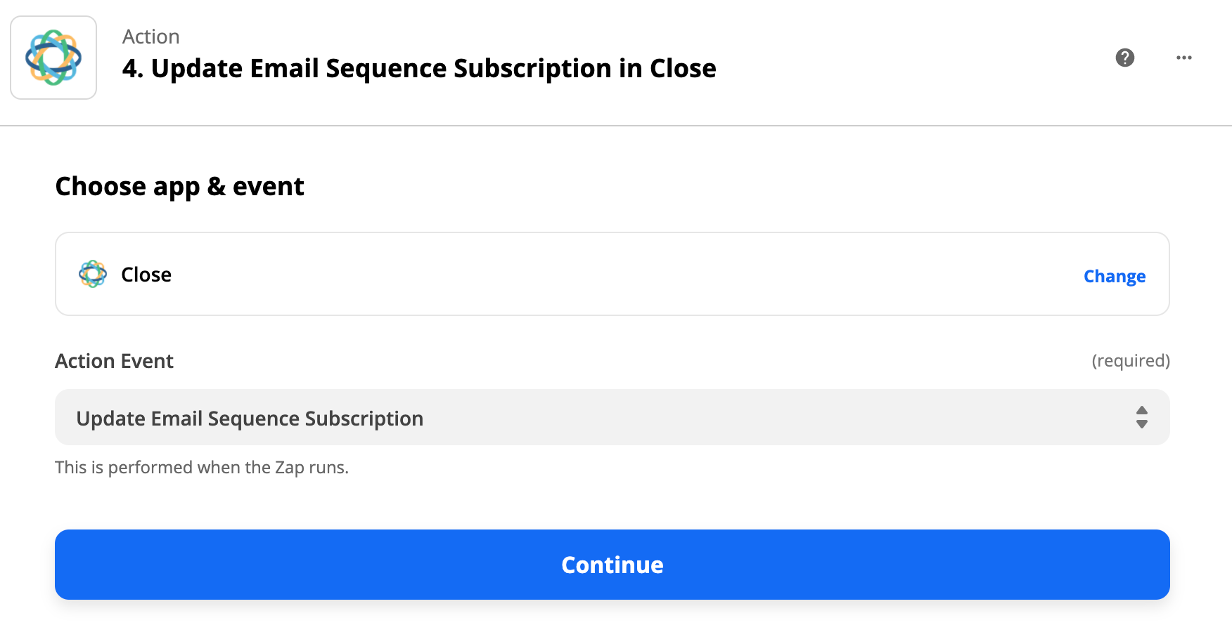 Update Email Sequence Subscription action step in Zapier.