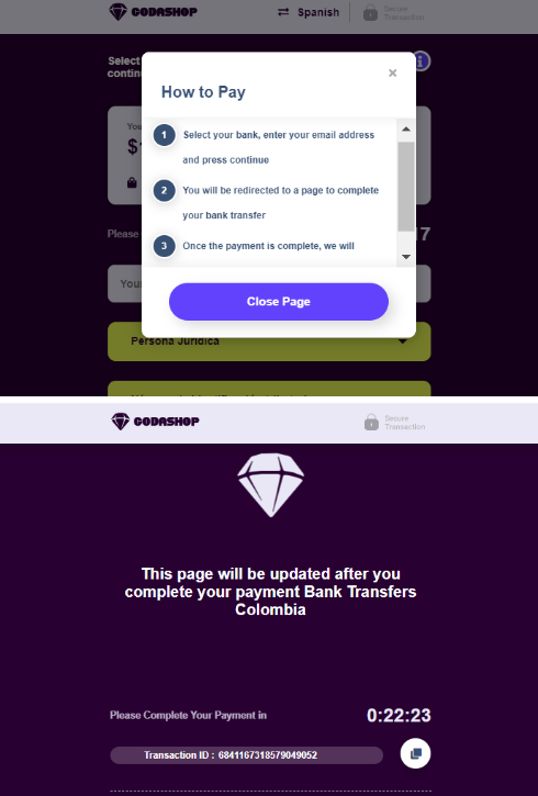 2\. User will be redirected to bank page, Coda will show a pending page.