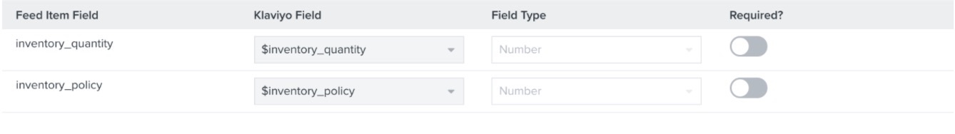 Klaviyo custom catalog field mapping settings showing inventory quantity and inventory policy fields