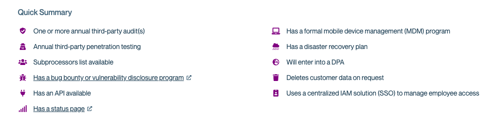 Conveyor Trust Center Quick Summary section. A list of security and compliance attributes is displayed with icons, such as third-party audits, penetration testing, bug bounty, API availability, and status page links.