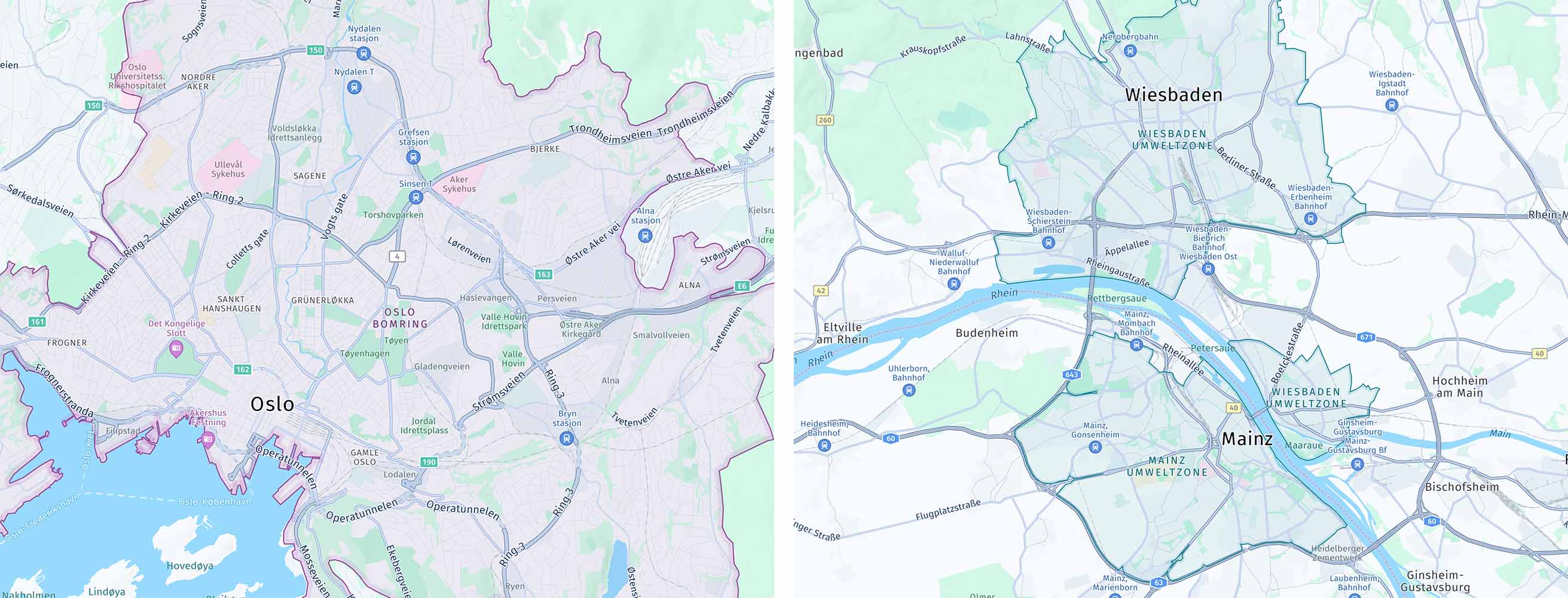 Screenshots (from left to right): MapFeatures.congestionZones combined with MapFeatureModes.congestionZonesAll shows city areas designated as congestion charge zones, marked as purple shade (Congestion charging zones are area where drivers are required to pay a fee to enter or travel within). MapFeatures.environmentalZones combined with MapFeatureModes.environmentalZonesAll shows city areas designated as environmental zones, marked as teal shade (Environmental zones are low emission zone, a designated area in a city or region where access for certain vehicles is restricted).