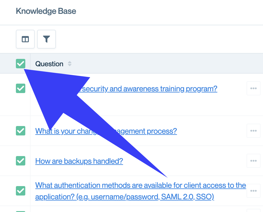 Click the square next to Question to select multiple Knowledge Base items