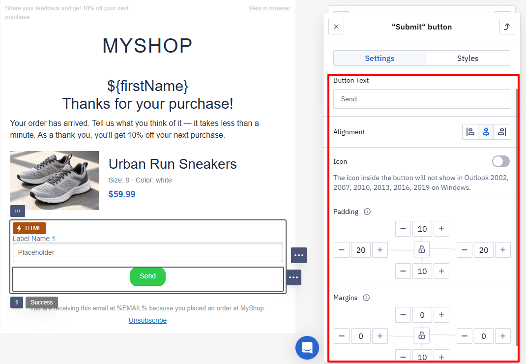 Submit button settings Button Text, Alignment, Icon, Padding, and Margins