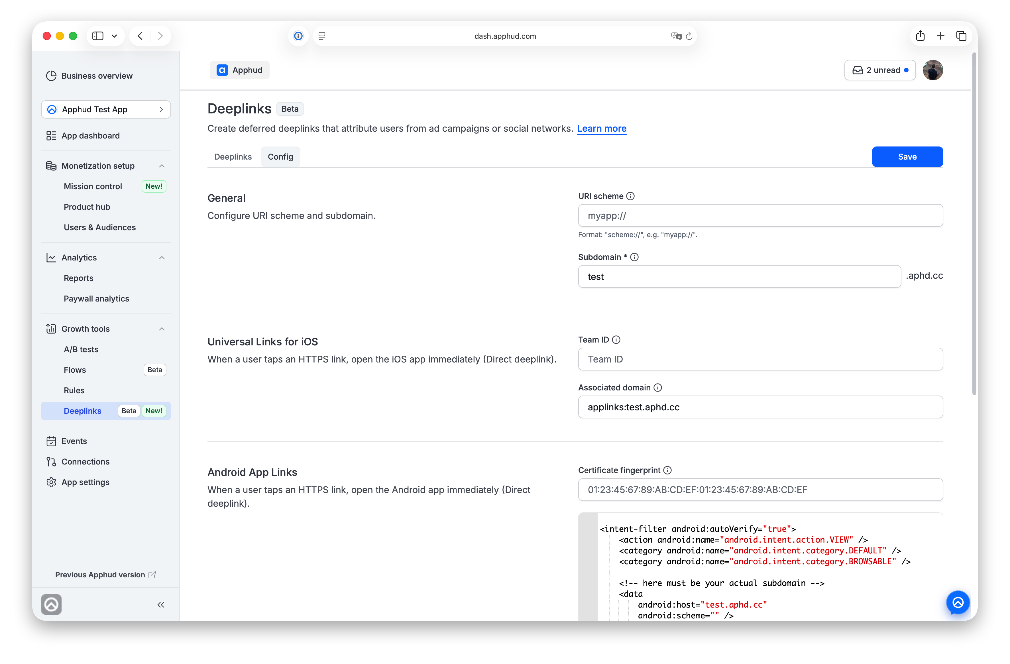 Deferred deeplink platform configuration screen