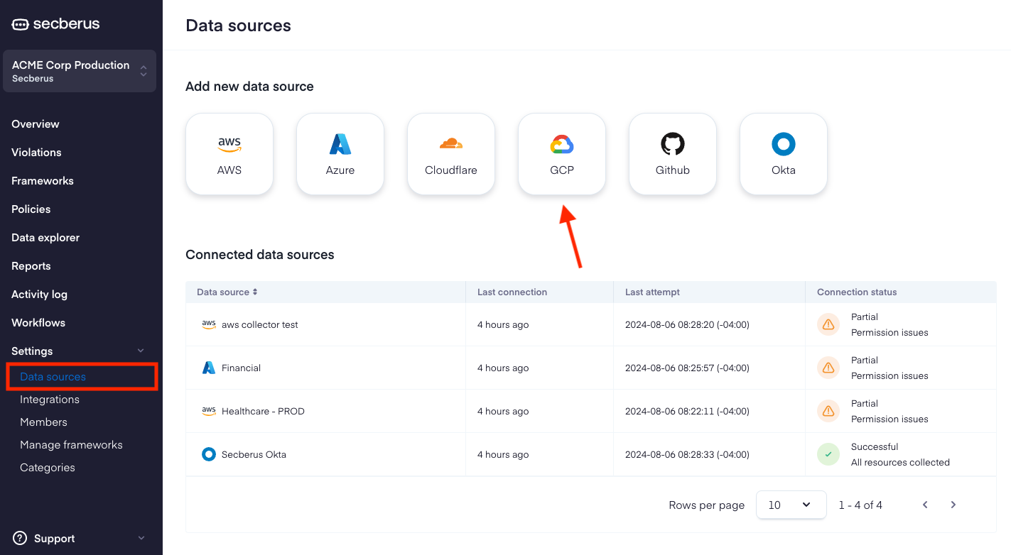 Navigate to 'Settings' > 'Data sources' and select 'GCP'