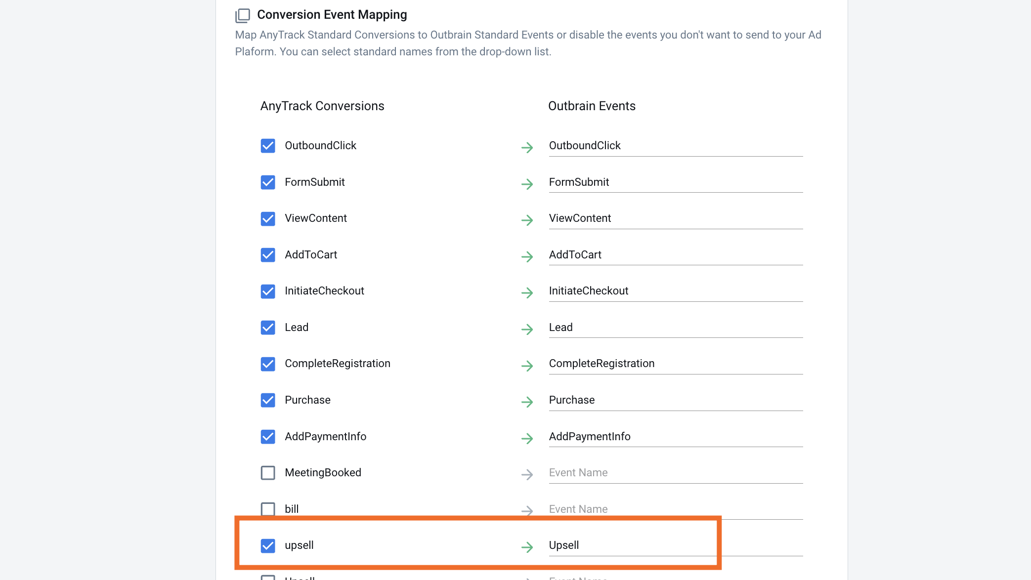 Configure the Outbrain Events in AnyTrack