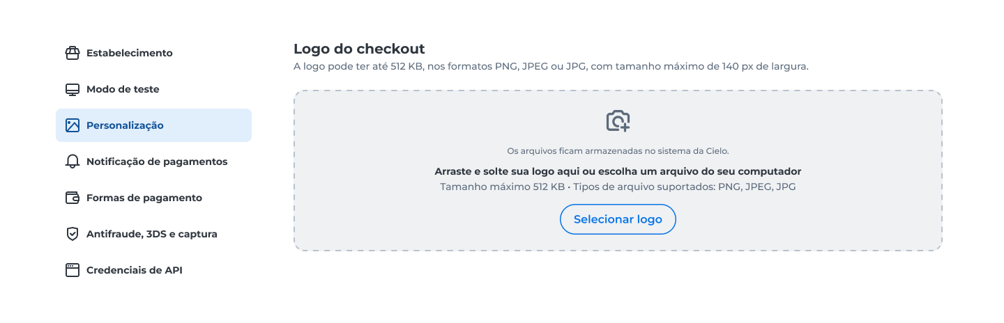Tela da página Personalização com opção para enviar logo da loja no checkout