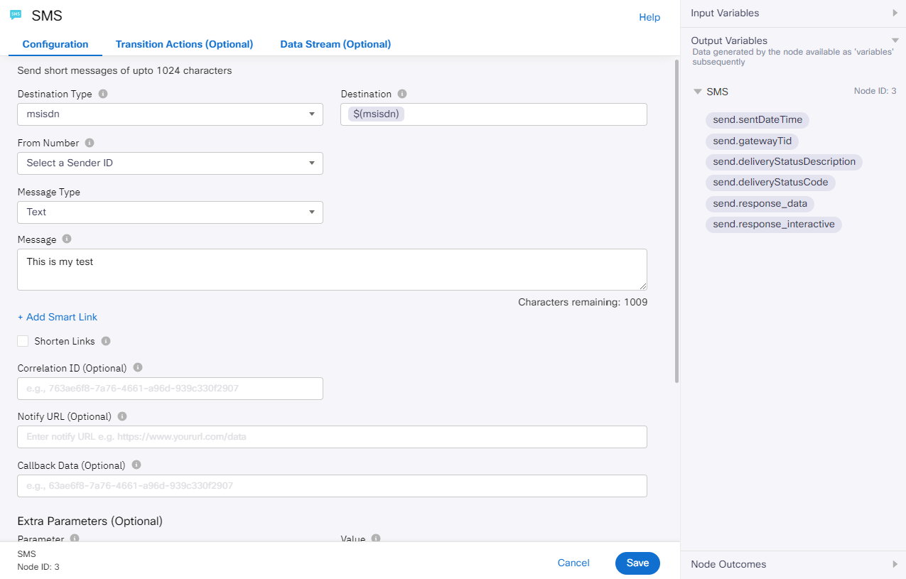 SMS Node Configuration Window