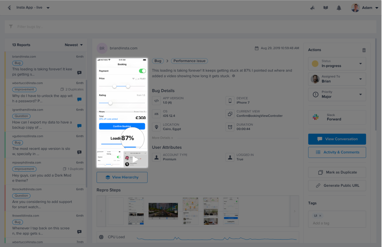 This is where your users' attachments appear in each report from the bugs page of your dashboard.