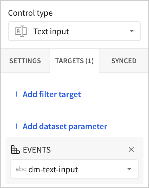 Text input control with a data model control with the ID dm-text-input added as a dataset parameter.