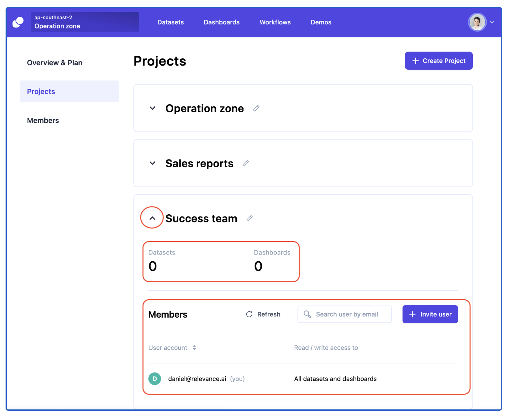 Relevance AI - Organization settings - project information