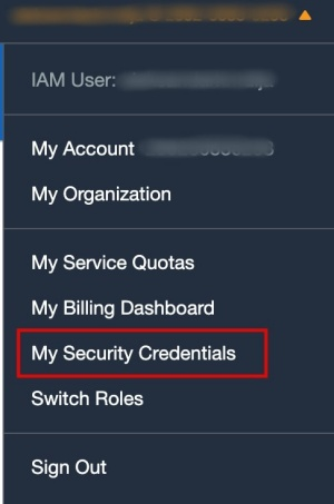 Security credentials location in the AWS Management Console.
