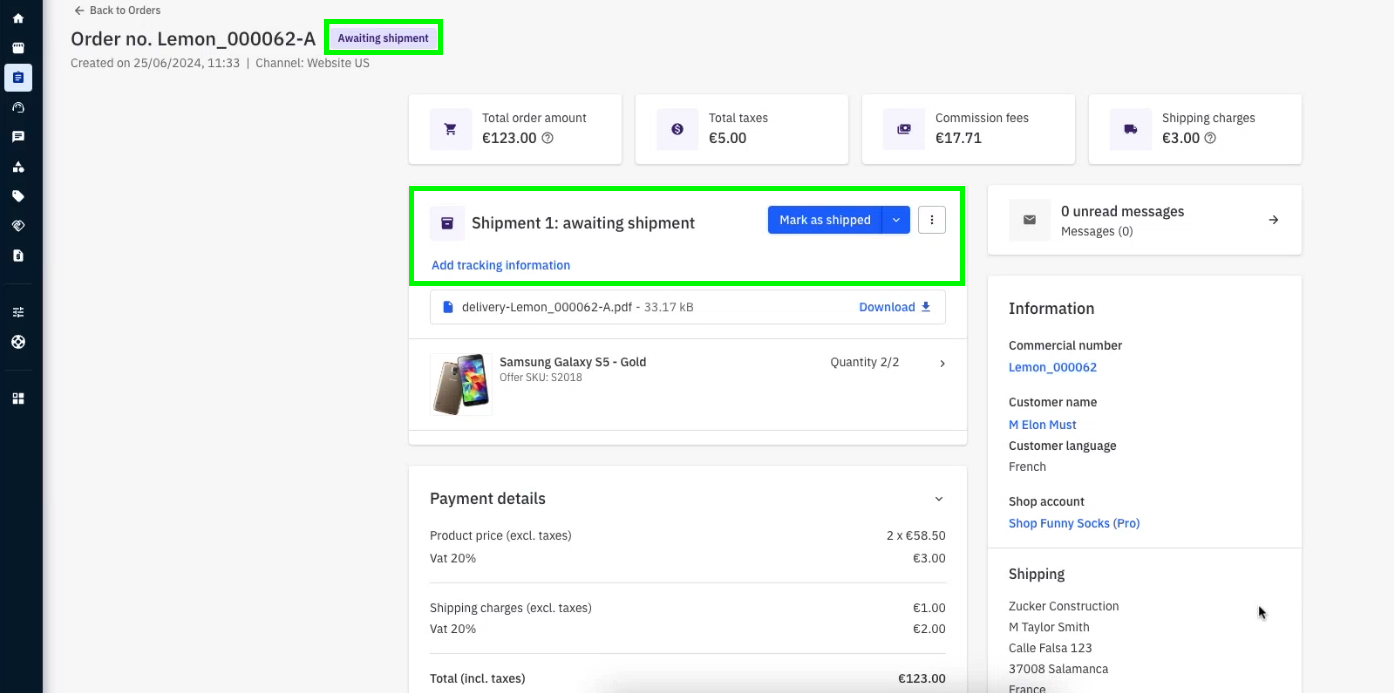 Payment status updated after TechGadgets validated payment in the Mirakl Dashboard