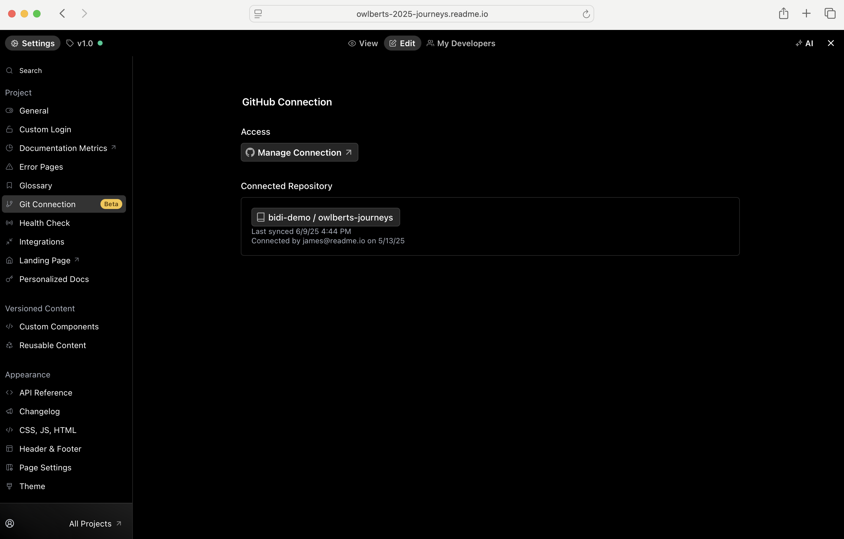 This project already has a Connected Repository and is what your page will look like once your connect your ReadMe project to an empty GitHub repository!