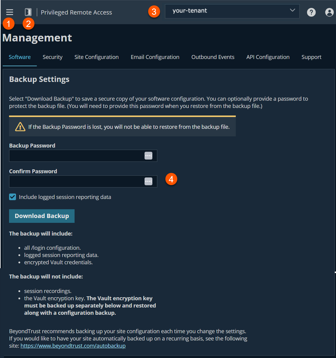 An image of a "Backup Settings" interface from a BeyondTrust system. It includes input fields for setting and confirming a backup password, a checkbox to include logged session reporting data, and a "Download Backup" button. Informational text outlines what is included in the backup—such as login configuration, session reporting data, and encrypted Vault credentials—and what is excluded, including session recordings and the Vault encryption key, which must be backed up separately.