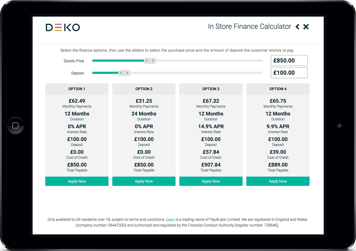 You can present up to 4 finance options to the customer. When you move the price and deposit sliders, the finance details are instantly calculated and displayed.