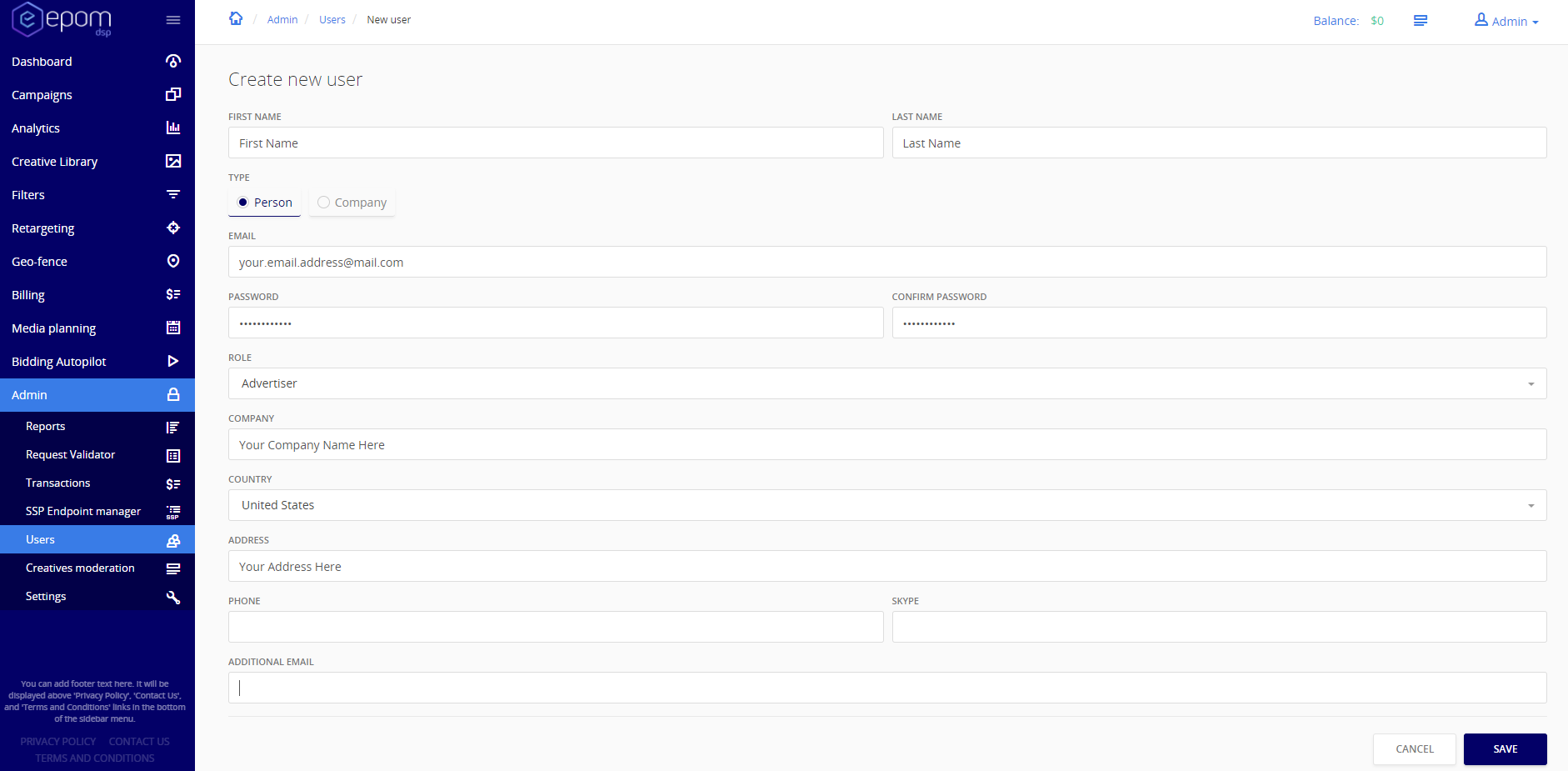 createUser.png Fill in all the fields and press the Save button.