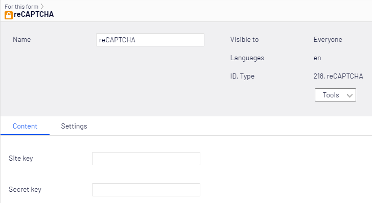 Screenshot of the reCAPTCHA element Content tab with Site key and Secret key fields where editors configure reCAPTCHA verification