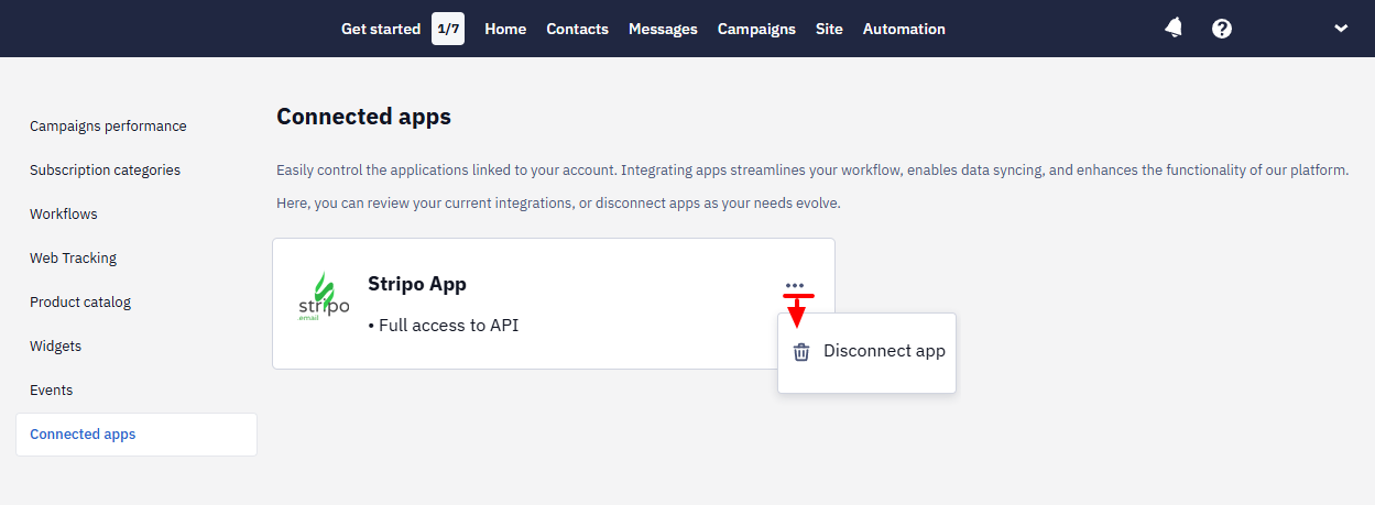 Connected apps page listing a connected app with the options menu open showing Disconnect app