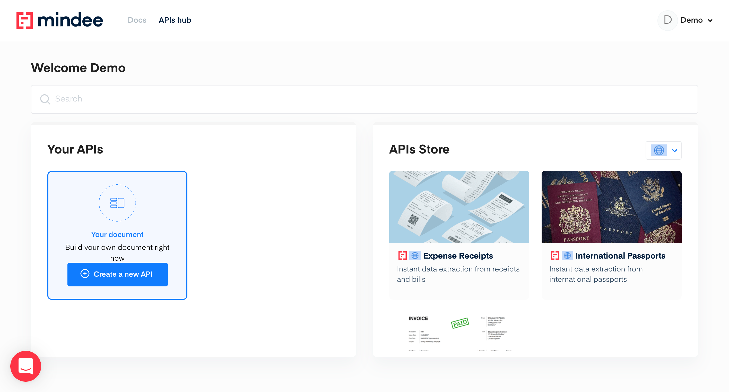 APIs hub page with Your APIs section on the left and API store section on the right