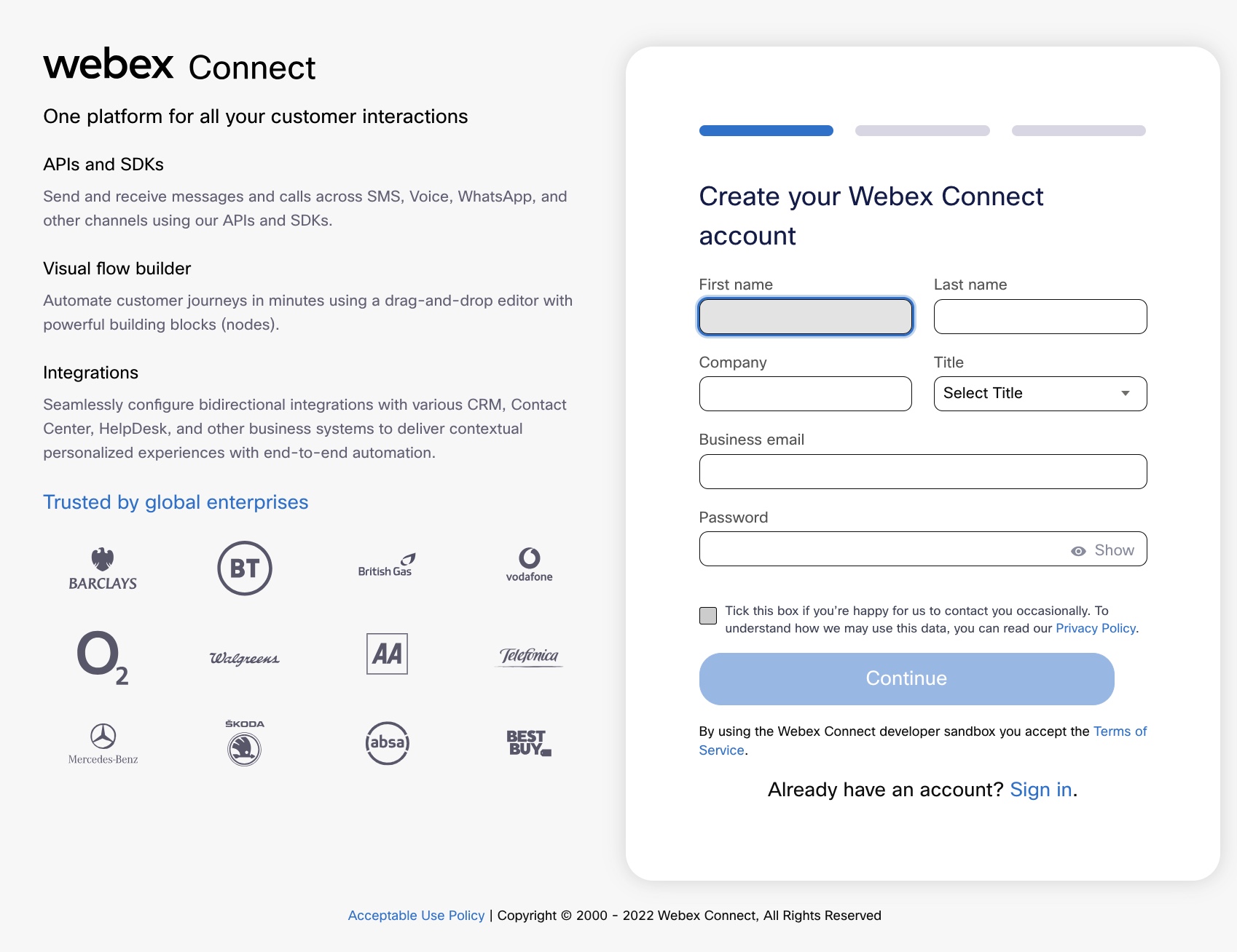 Webex Connect Sandbox Registration Page