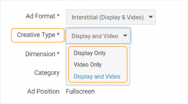 **Figure 2: Creative Type dropdown selections**