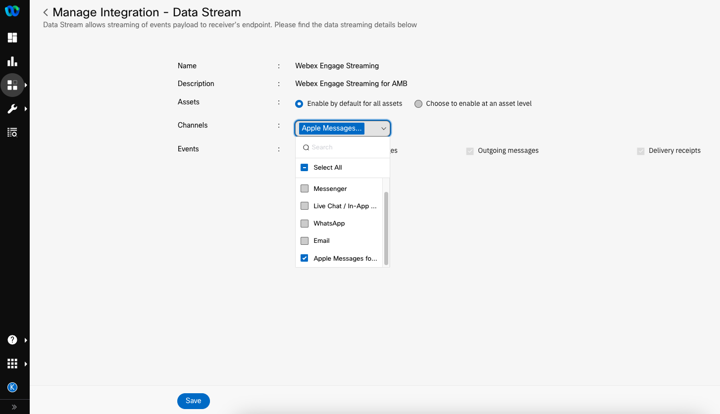 Enabling Data Streams for all Apple Messages for Business Assets