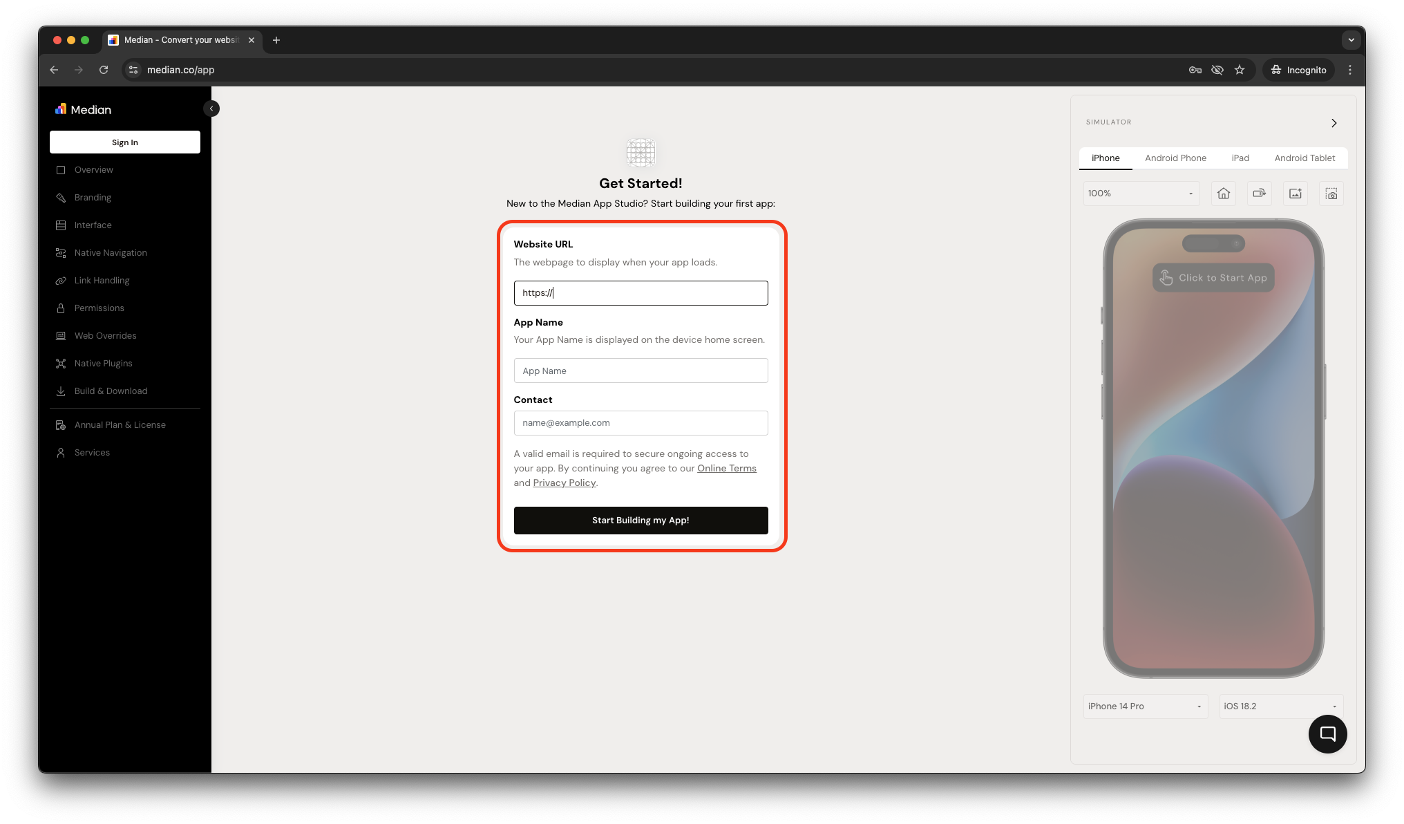 [median.co/new](https://median.co/new) - App Creation