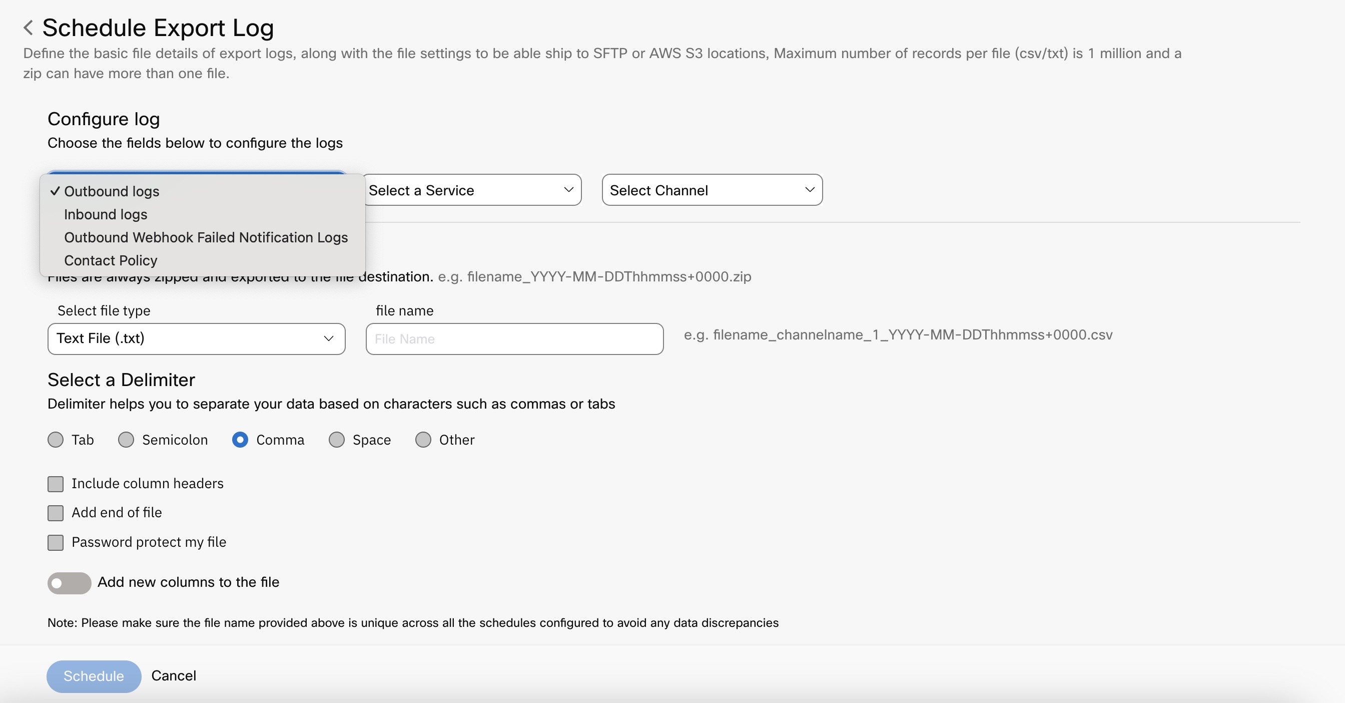 Screenshot of adding the Schedule Export Log.