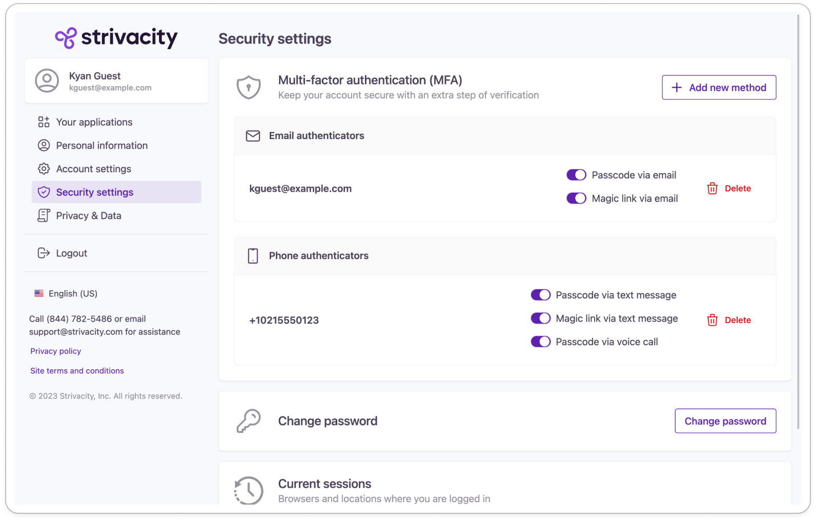 Security settings page