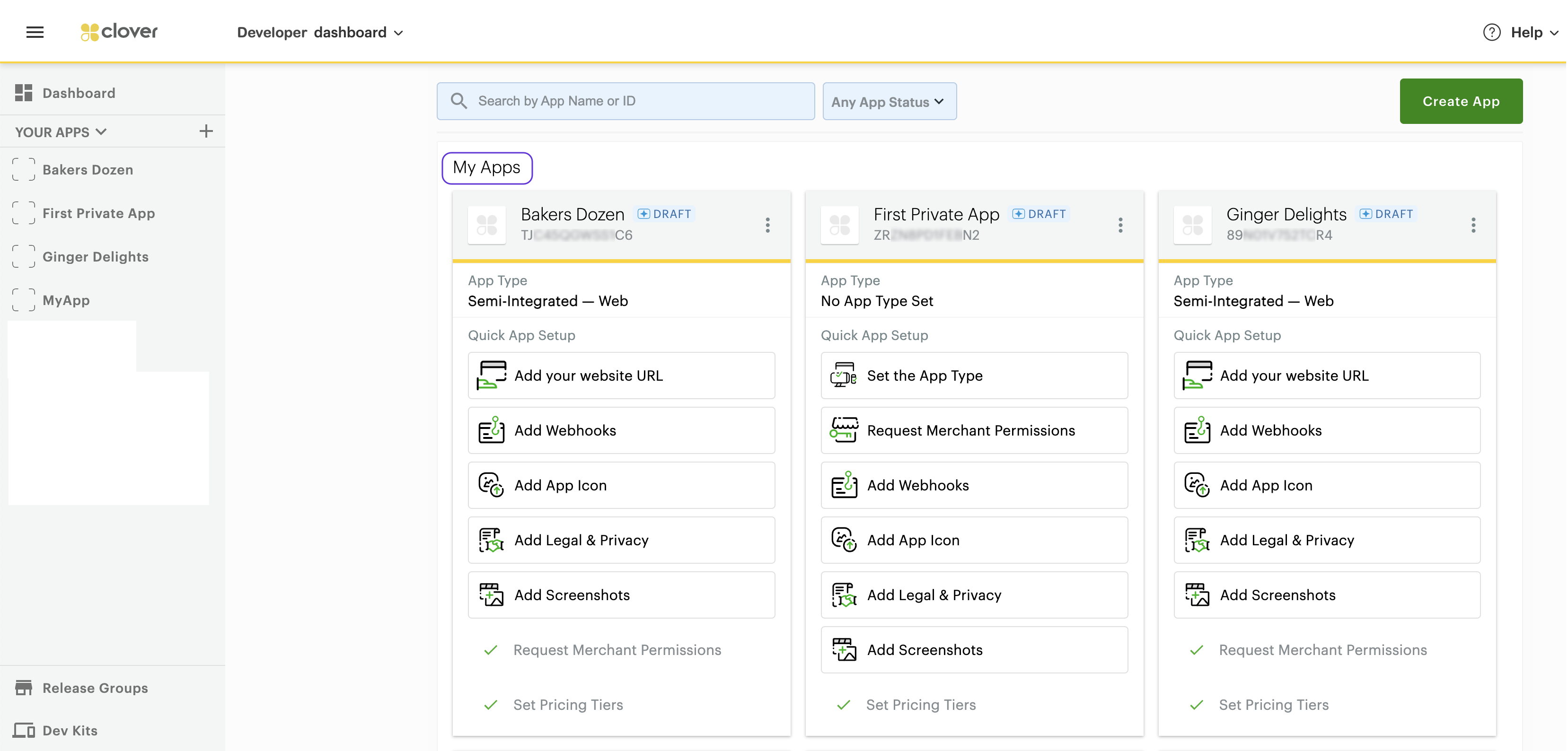 Developer Dashboard My Apps > View app cards page