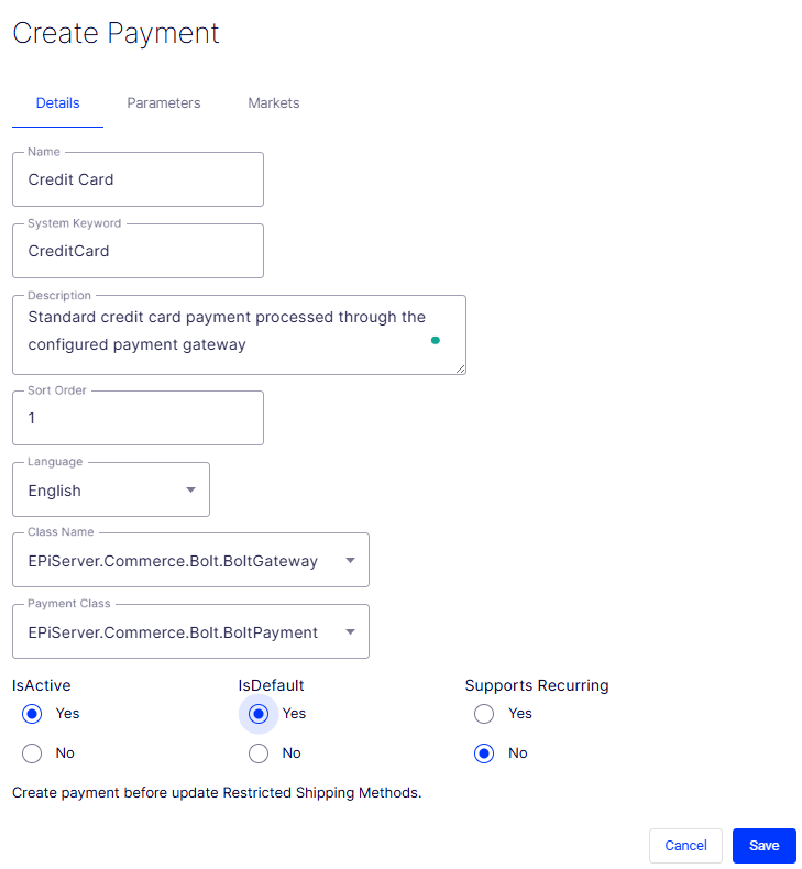 Create Payment form Details tab showing Name, System Keyword, Description, Sort Order, Language, Class Name, Payment Class, IsActive, IsDefault, and Supports Recurring fields