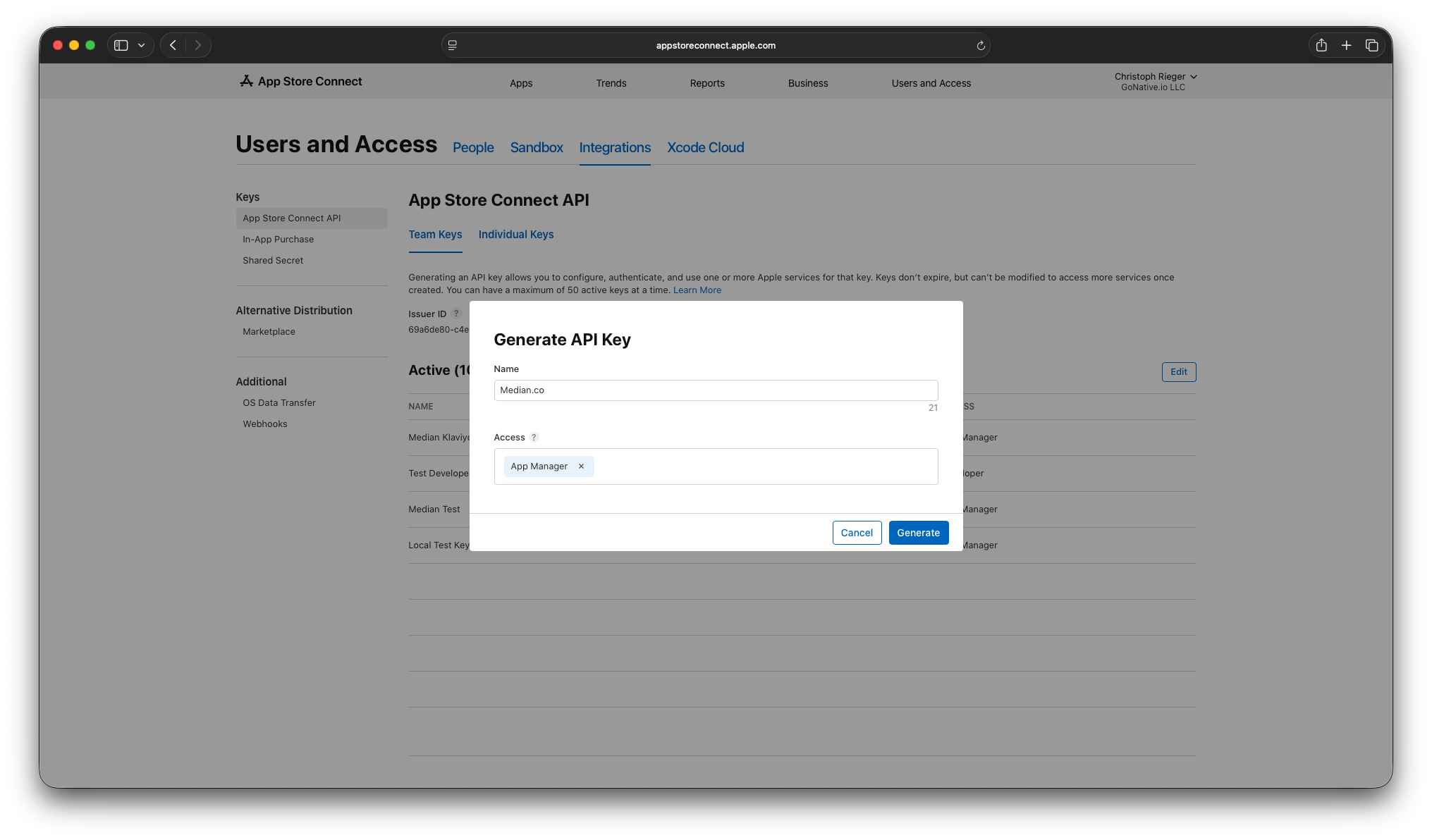 Generate App Store Connect API Key