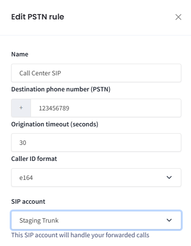 Screenshot with editing PSTN rule