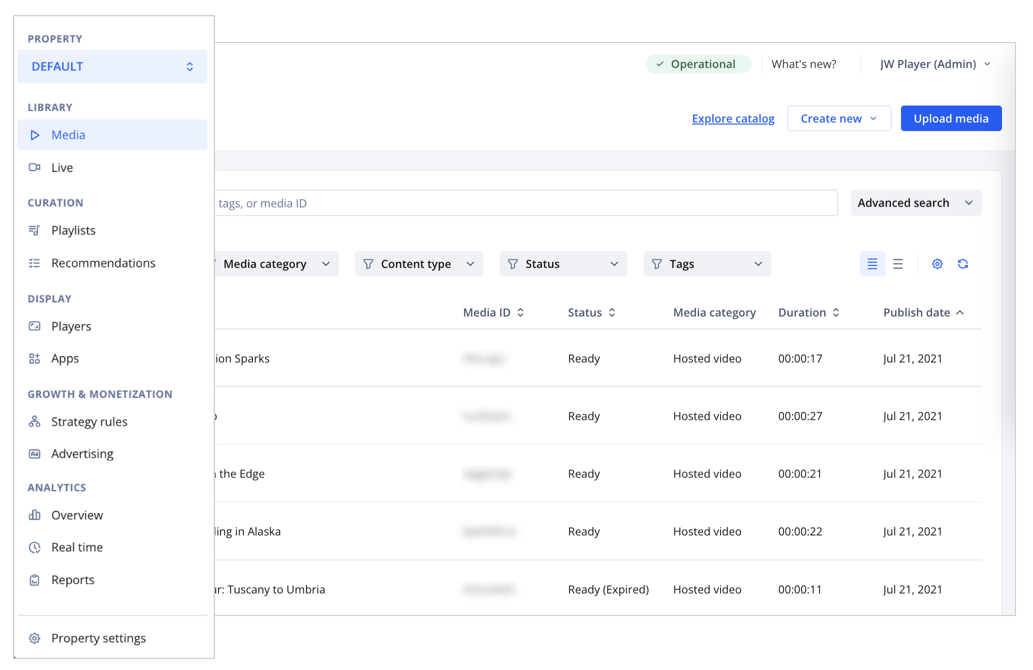 Left navigation of the JWP dashboard