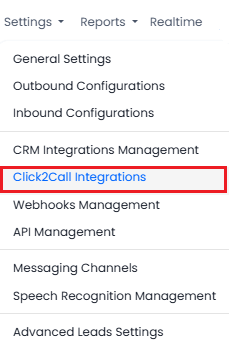 Screenshot of Click2Call Integrations in the Settings menu