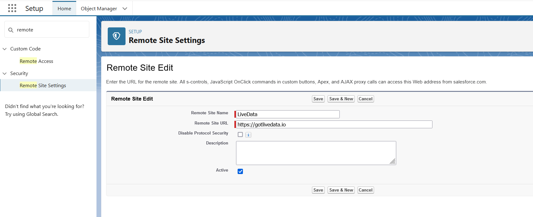 Remote Site Settings