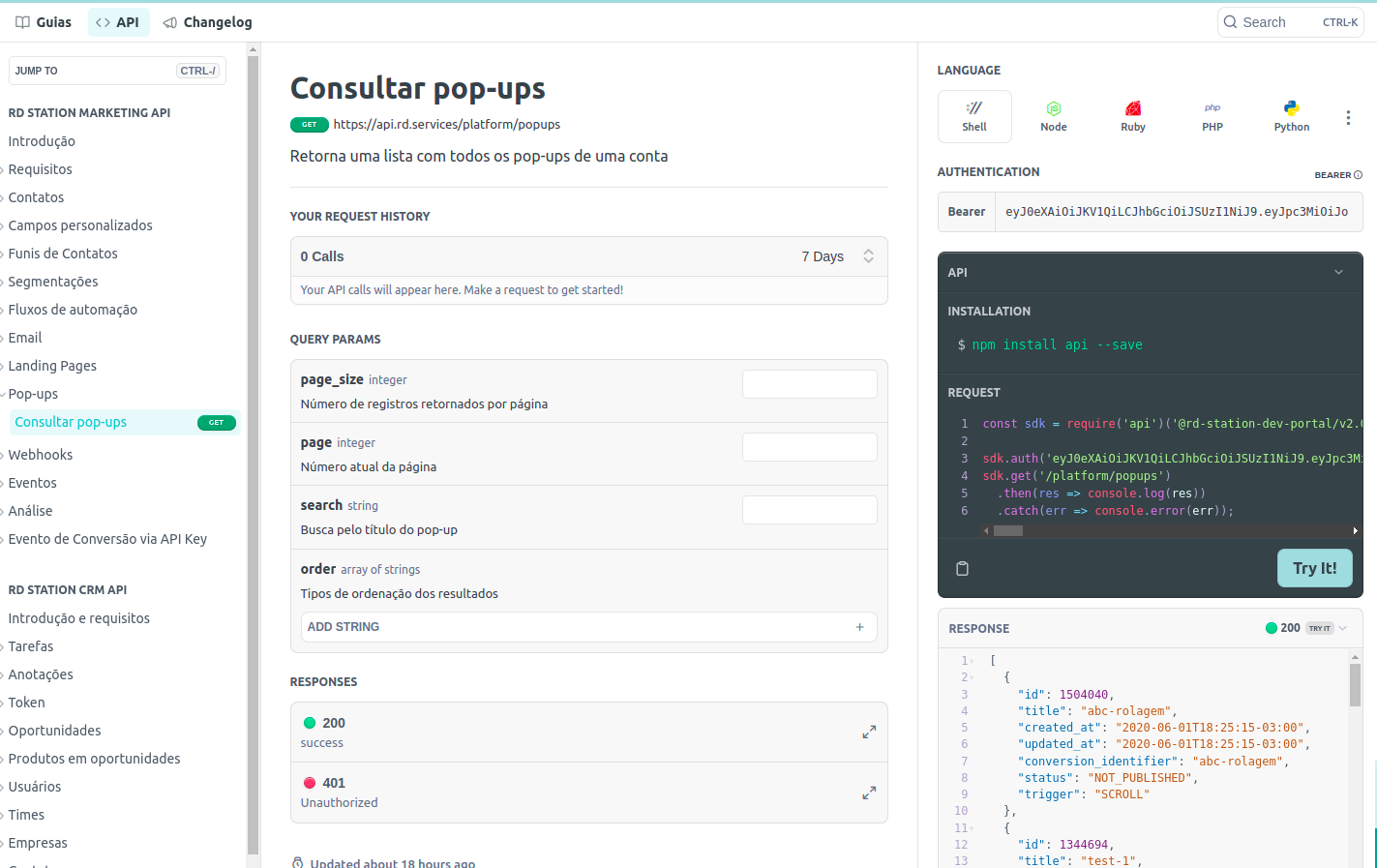 Imagem mostrando o uso da interface do portal de desenvolvedor para consultar de pop-ups