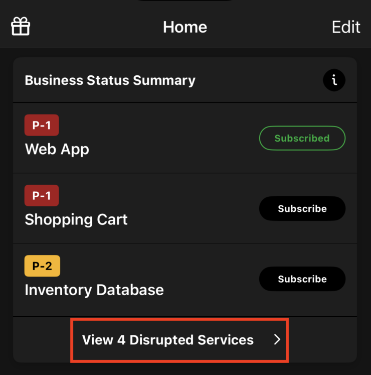 A screenshot of the mobile app indicating how to view all disrupted business services