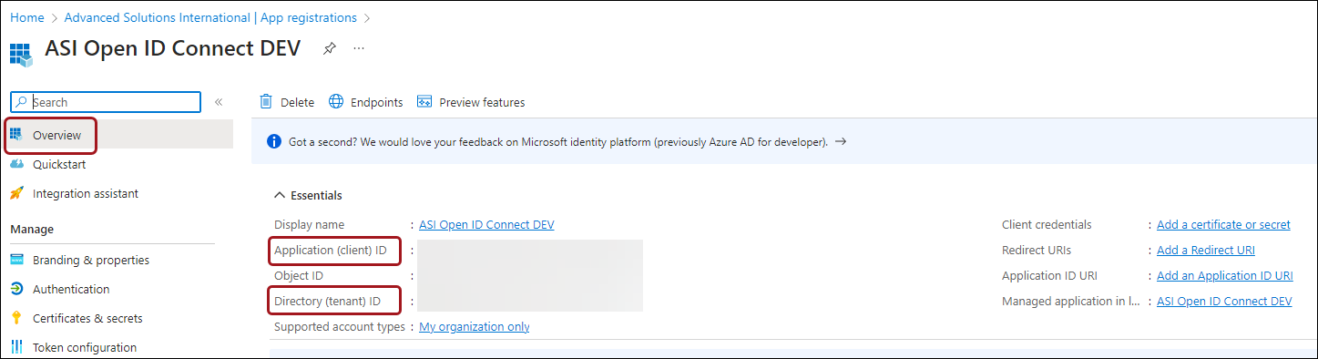 Copying the Application ID and Directory ID
