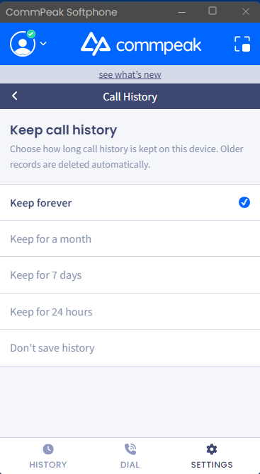 Screenshot of the Call History retention options list