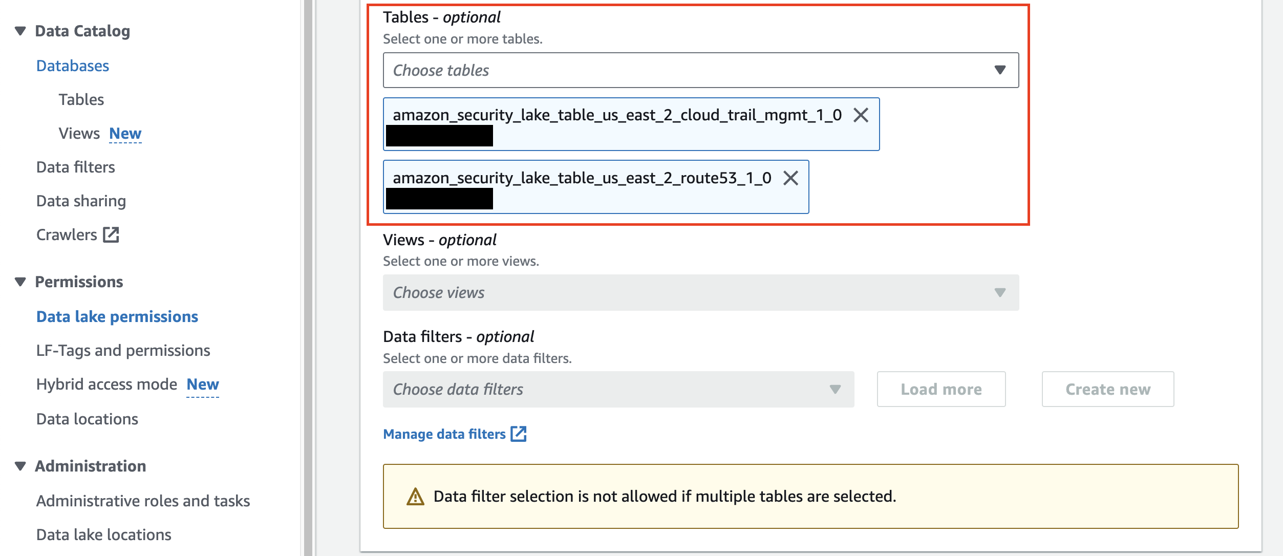FIG 3. - Select Amazon Security Lake Tables for Lake Formation permissions