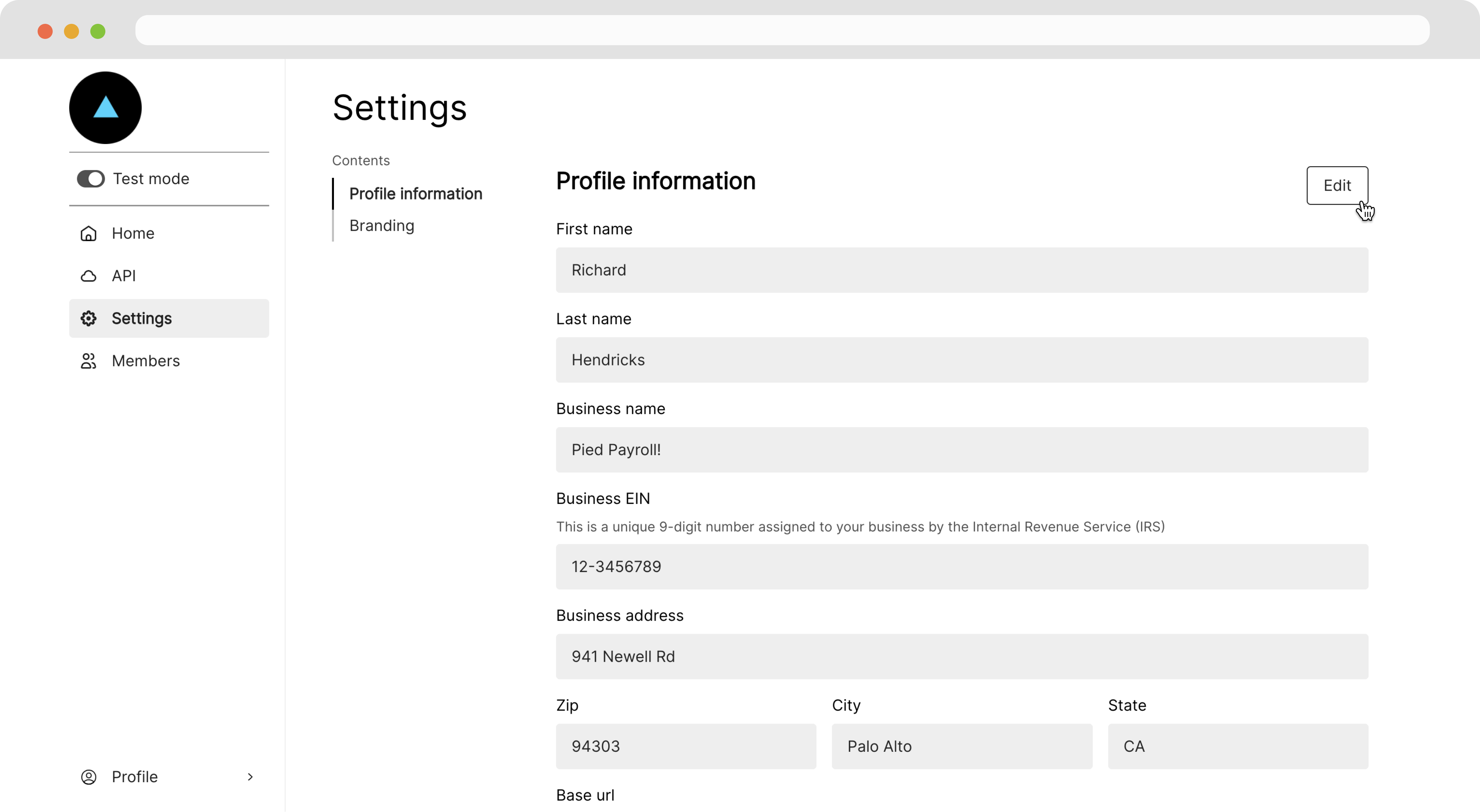 edit profile information on the settings page